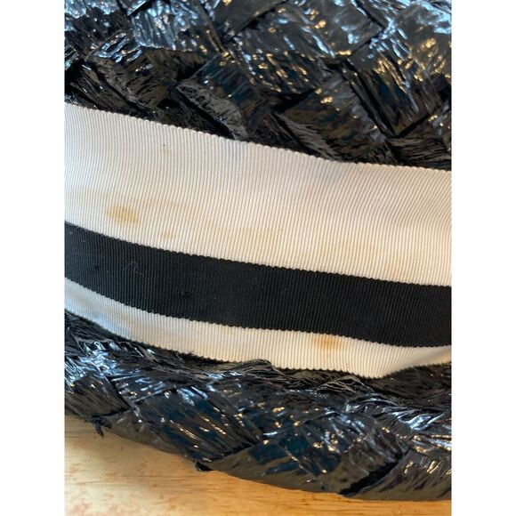 Roller Raffia Hat Black With White Stripe Ribbon Band 1960s MidMod - Picture 5 of 9